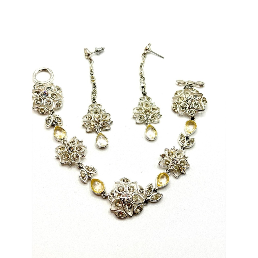 Bracelet and Earring Set Floral Design Rhinestones and Yellow Teardrop